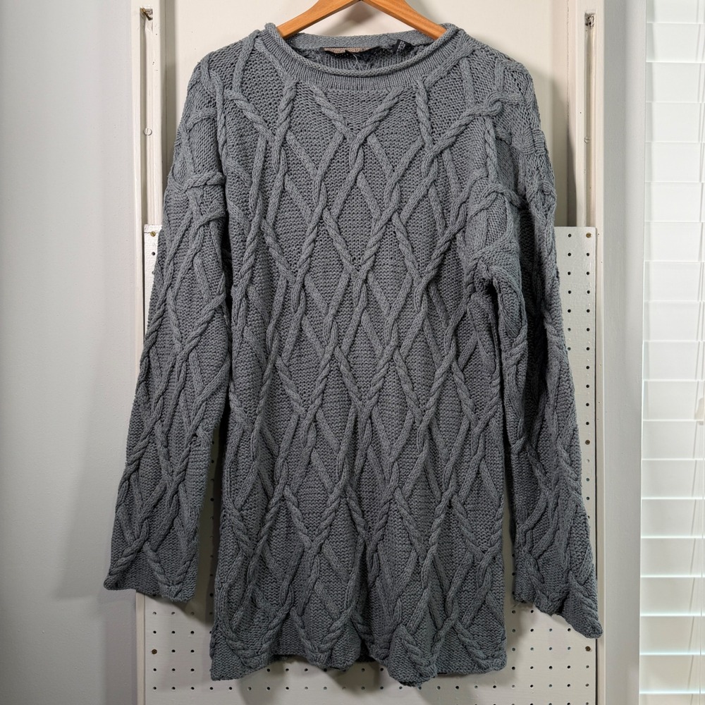 Carole Little Street Wear 100% Silk Cable Knit Sweater Gray Crew Neck Large VTG